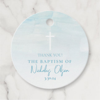 Watercolor Pastel Blue Baptism Circle Favour Tags