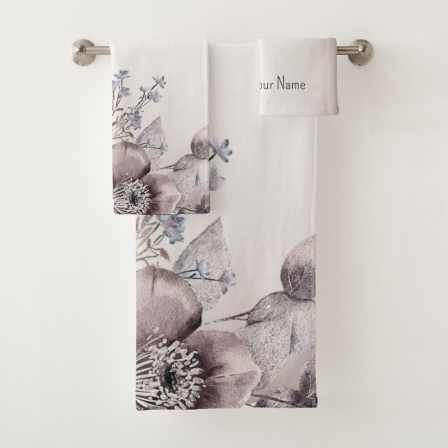 Watercolor Pastel Blue Beige Flowers Elegant Bath Towel Set (Insitu)