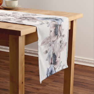 Watercolor Pastel Blue Beige Flowers Elegant Short Table Runner