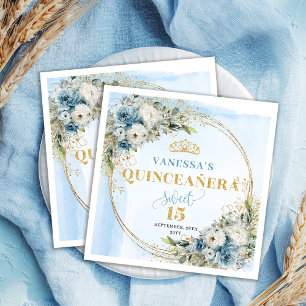 Watercolor Pastel Blue Floral Gold 15th Birthday  Napkin
