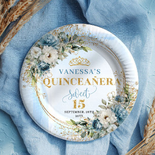 Watercolor Pastel Blue Floral Gold Quinceañera  Paper Plate