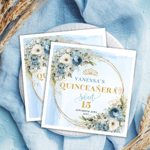 Watercolor Pastel Blue Flowers Greenery Gold 15th  Napkin