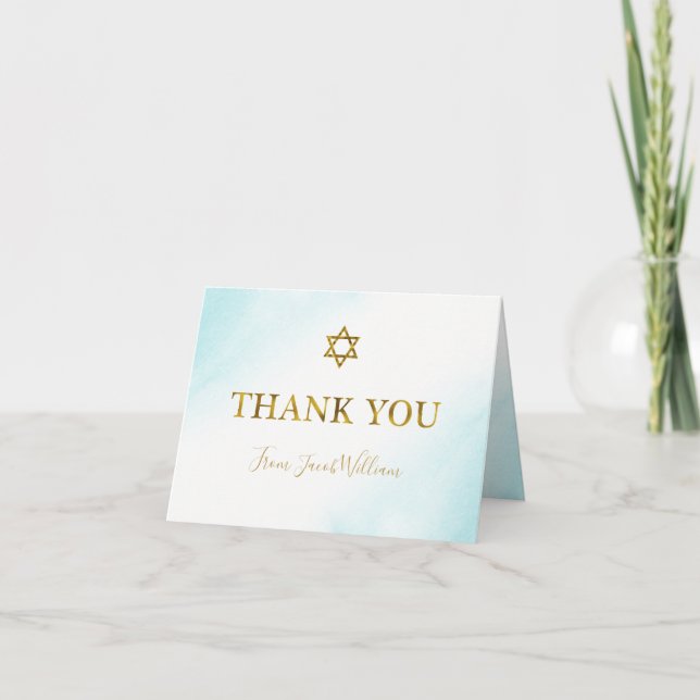 Watercolor Pastel Blue Gold Bar Mitzvah Thank You (Front)
