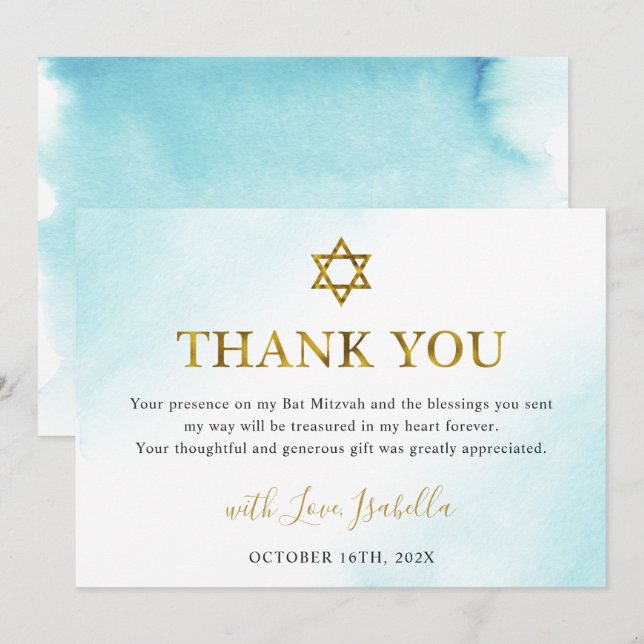Watercolor Pastel Blue Gold Bat Mitzvah Thank You Card (Front/Back)