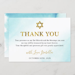 Watercolor Pastel Blue Gold Bat Mitzvah Thank You Card