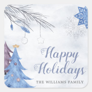 Watercolor pastel blue happy holiday Monogram Square Sticker