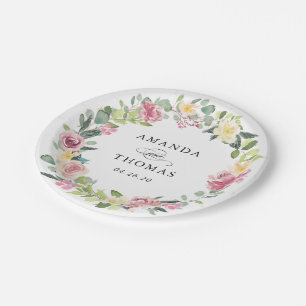 Watercolor Pastel Blush Floral Wreath Wedding Paper Plate