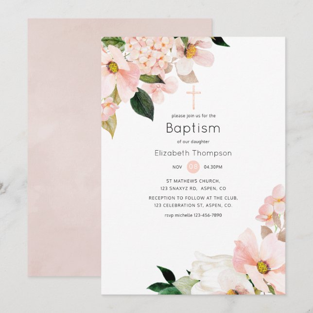 Watercolor Pastel Blush Pink Floral Baptism Invitation (Front/Back)