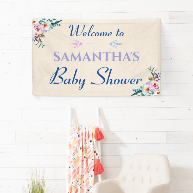 Watercolor Pastel Boho Floral Baby Shower Welcome Banner (Insitu)