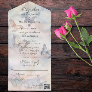 Watercolor Pastel Butterflies with QR Code  All In One Invitation