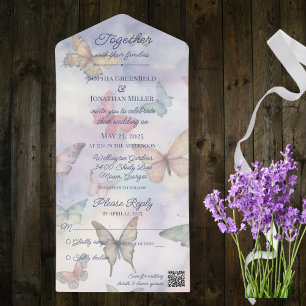 Watercolor Pastel Butterflies with QR Code  All In One Invitation