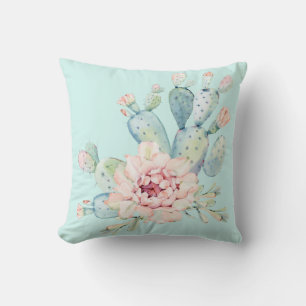 Watercolor Pastel Cactus and Pink Flower Throw Pillow