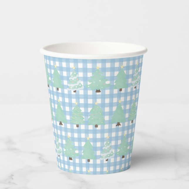 Watercolor Pastel Christmas Trees with Blue Plaid  Paper Cups (Front)