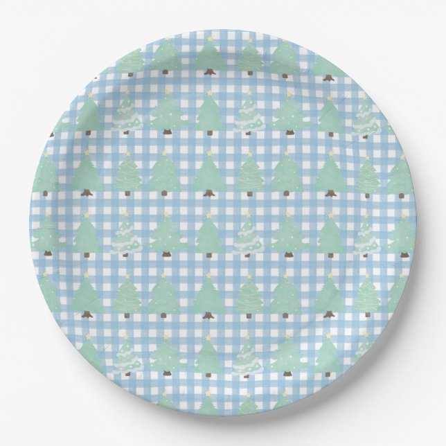 Watercolor Pastel Christmas Trees with Blue Plaid  Paper Plate (Front)
