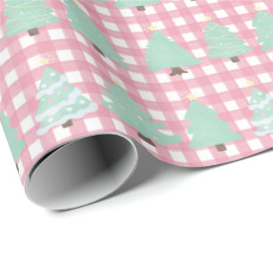 Watercolor Pastel Christmas Trees with Pink Plaid  Wrapping Paper
