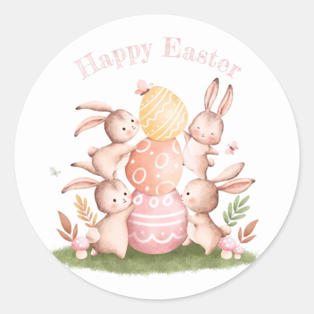 Watercolor Pastel Cute Easter Bunnies Classic Round Sticker (Front)