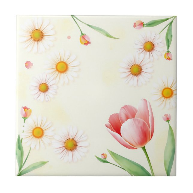 Watercolor Pastel Daisies and Tulips  Tile (Front)