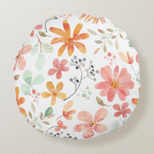 Watercolor Pastel Floral Pattern, Tranquillity, Round Pillow