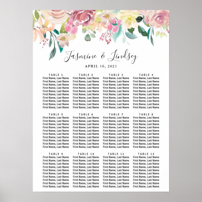 Watercolor Pastel Floral Wedding Seating Chart (Front)