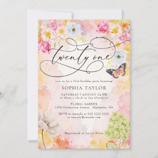  Watercolor Pastel flowers 21st birthday  Invitation