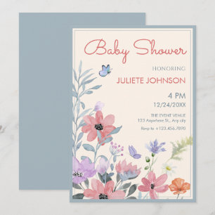 Watercolor pastel flowers butterfly baby shower invitation
