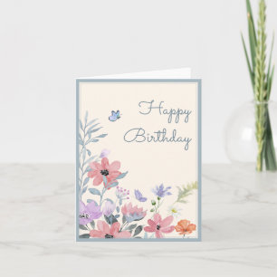 Watercolor pastel flowers butterfly birthday card