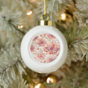 Watercolor Pastel Flowers Light Orange Ceramic Ball Christmas Ornament