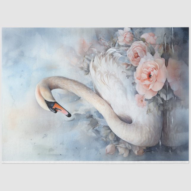Watercolor pastel green peach blush white swan  tissue paper (Front)