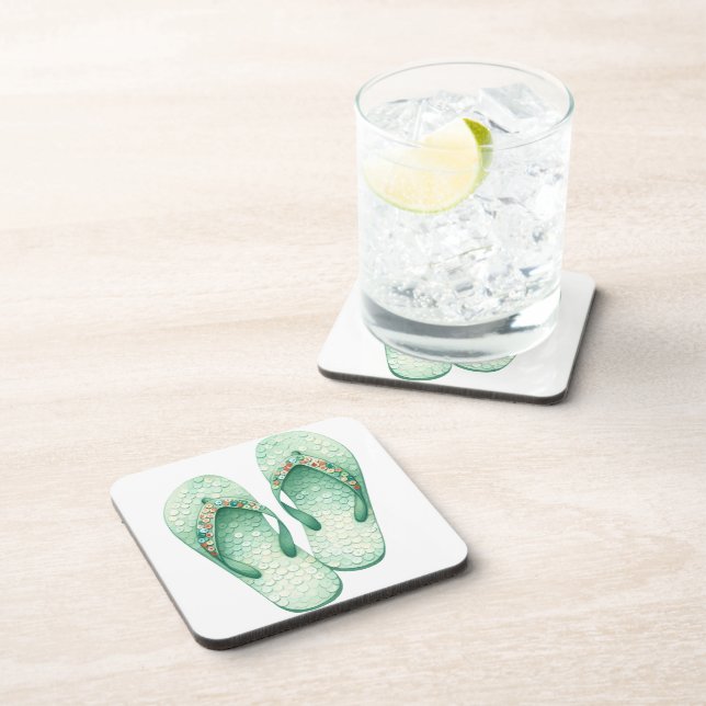 WATERCOLOR PASTEL GREEN SEQUINED FLIP FLOPS COASTER (Right Side)