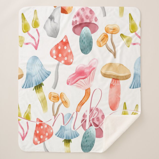  Watercolor Pastel Mushrooms Sherpa Blanket (Front)