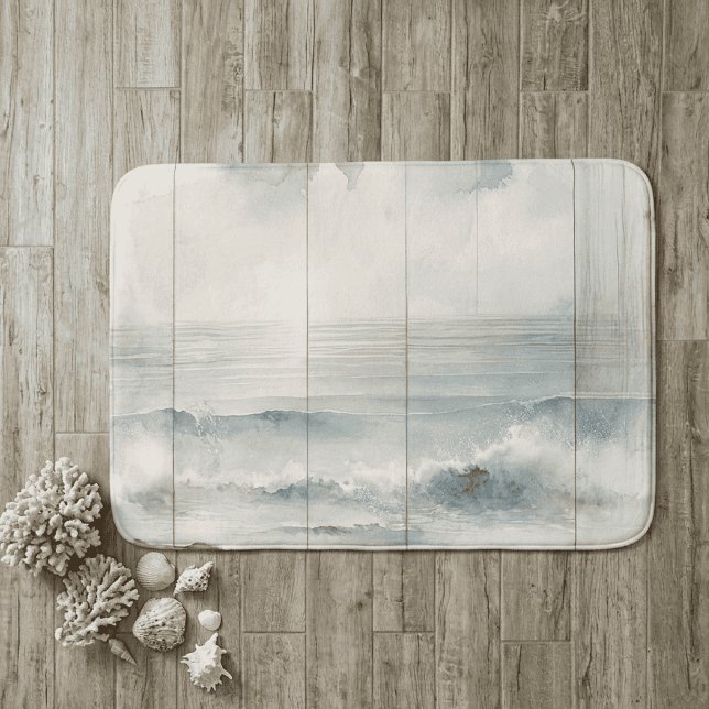 Watercolor Pastel Ocean Rustic Wood Texture Bath Mat (Pastel wood beach bath mat 1)