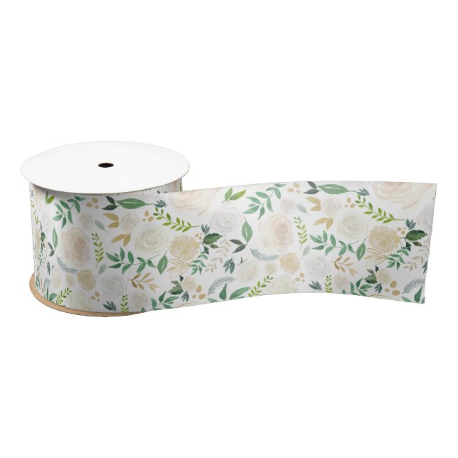 Watercolor Pastel Peonies Gold Glitter Pattern Satin Ribbon (Spool)