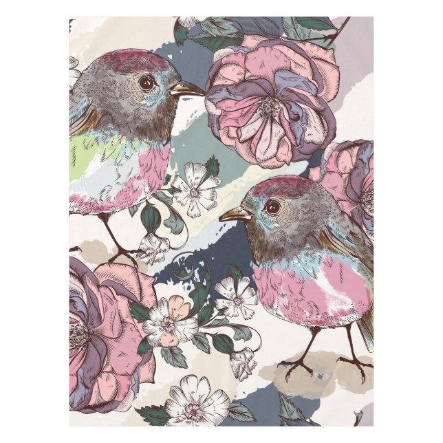 Watercolor Pastel Pink Birds and Flowers Tablecloth (Front)
