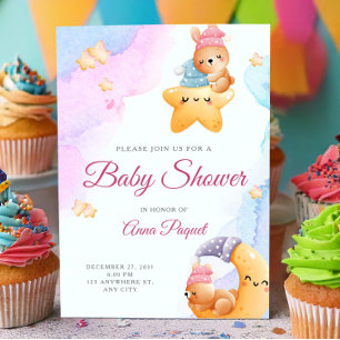 Watercolor Pastel Pink Cute Teddy Bear Baby Shower Invitation