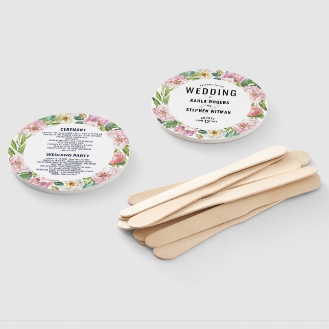 Watercolor pastel-pink peonies floral bouquet hand fan (Non-assembled)