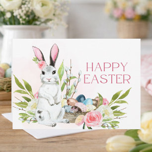 Watercolor Pastel Pink Roses Bunny Happy Easter Card