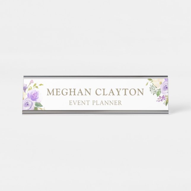 Watercolor Pastel Purple Floral Desk Name Plate (Front)