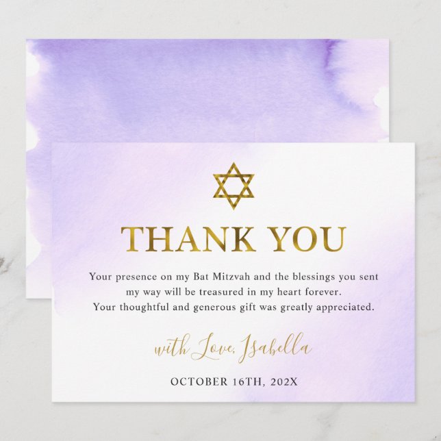 Watercolor Pastel Purple Gold Bat Mitzvah Thank You Card (Front/Back)