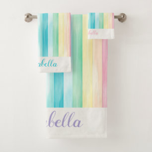 Watercolor Pastel Rainbow Stripes Personized Bath Towel Set