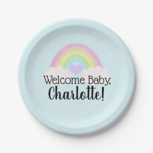 Watercolor Pastel Rainbow Welcome Baby Shower Paper Plate