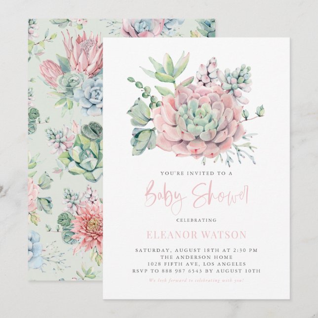 Watercolor Pastel Succulents Baby Shower Invitation (Front/Back)