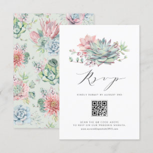 Watercolor Pastel Succulents Bouquet QR Code RSVP Card