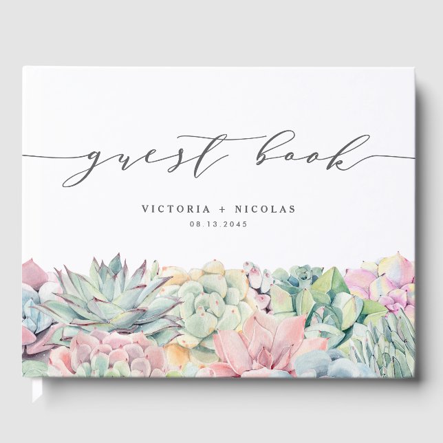 Watercolor Pastel Succulents Photo Wedding Guest Book (Front)