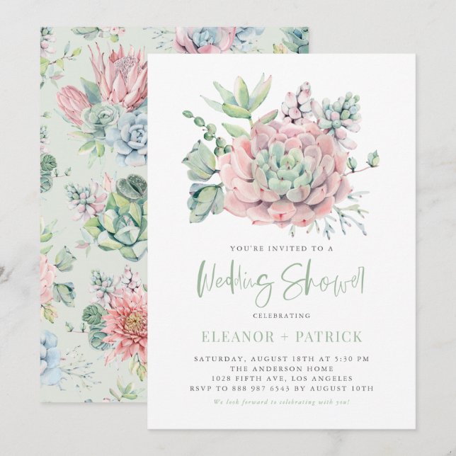 Watercolor Pastel Succulents Summer Wedding Shower Invitation (Front/Back)
