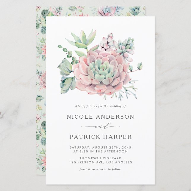 Watercolor Pastel Succulents Wedding Invitation (Front/Back)