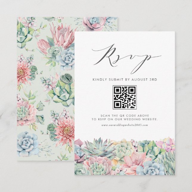 Watercolor Pastel Succulents Wedding QR Code RSVP Card (Front/Back)