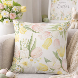 Watercolor Pastel Tulips Daffodils Spring Throw Pillow