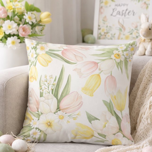 Watercolor Pastel Tulips Daffodils Spring Throw Pillow (Creator Uploaded)