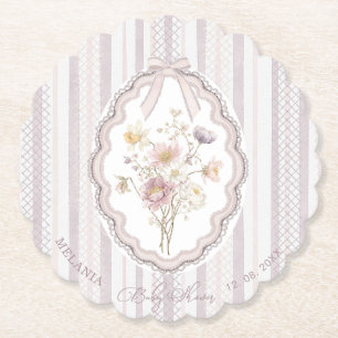    Watercolor pastel wildflower bow lace baby show Paper Coaster
