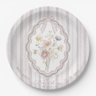 Watercolor pastel wildflower bow lace baby show Paper Plate